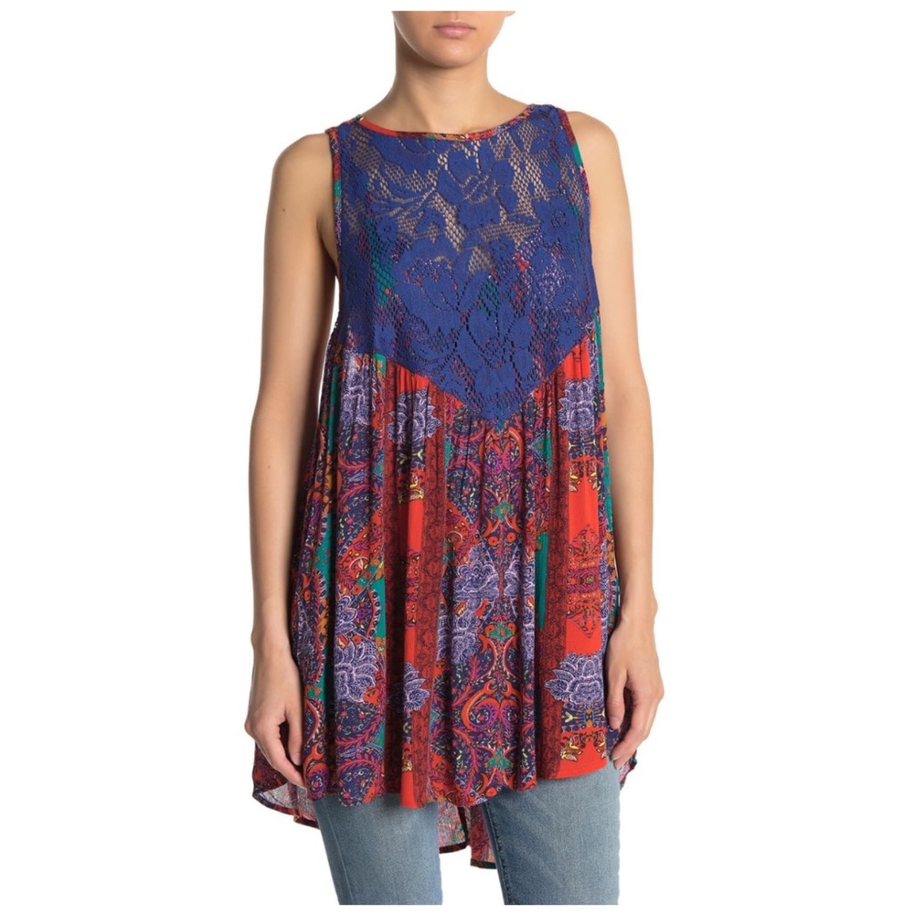 Free People Count Me In Trapeze Blue Paisley Lace Tunic Dress Small NEW